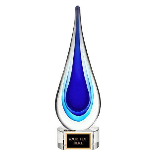 Rotary Custom Art Glass Blue Teardrop Award on Clear Base