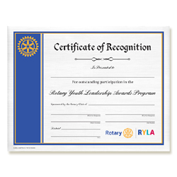 Rotary RYLA Certificate Of Recognition