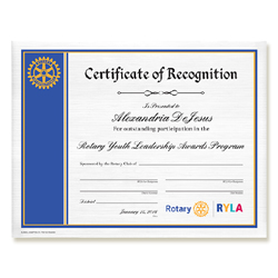 Rotary CUSTOMIZED RYLA Certificate Of Recognition